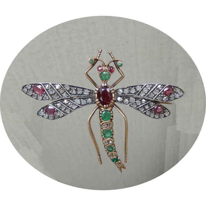 Broche, Libelle, Robijn, Smaragd, 18K