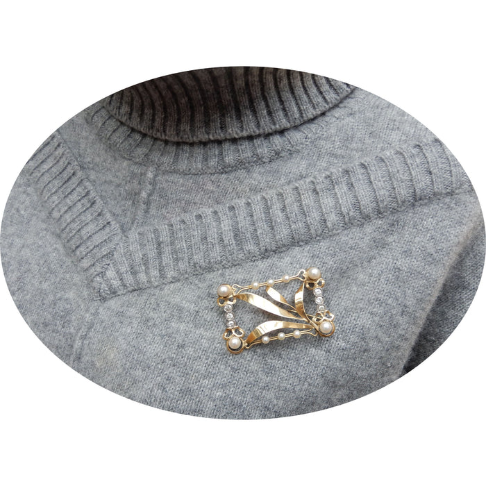 Broche, Diamant, Parel, 14K Goud