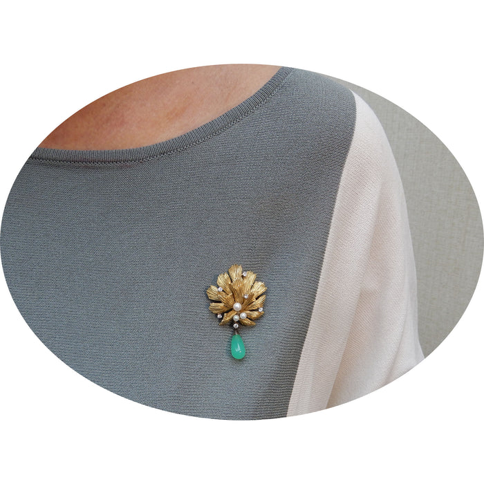 Broche Parel, Diamant, Chrysopraas, 14K