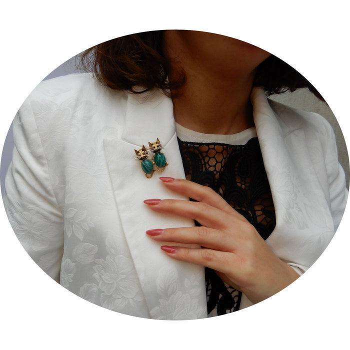 Broche, Agaat-Onyx-Robijn, Poezen, 18K