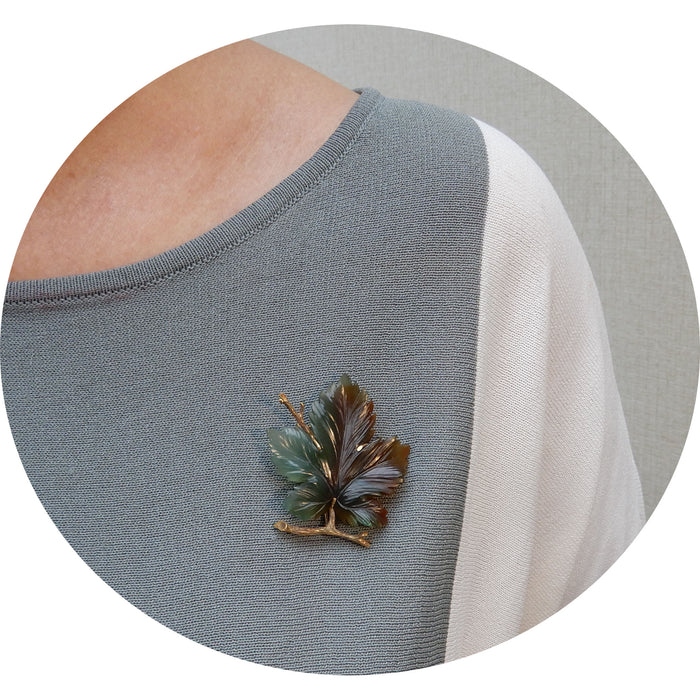 Broche, Esdoorn, Jade, 14K Goud