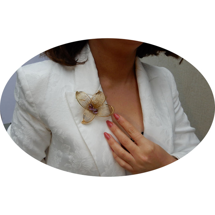 Broche, Amethist, Bloem, 18K Goud