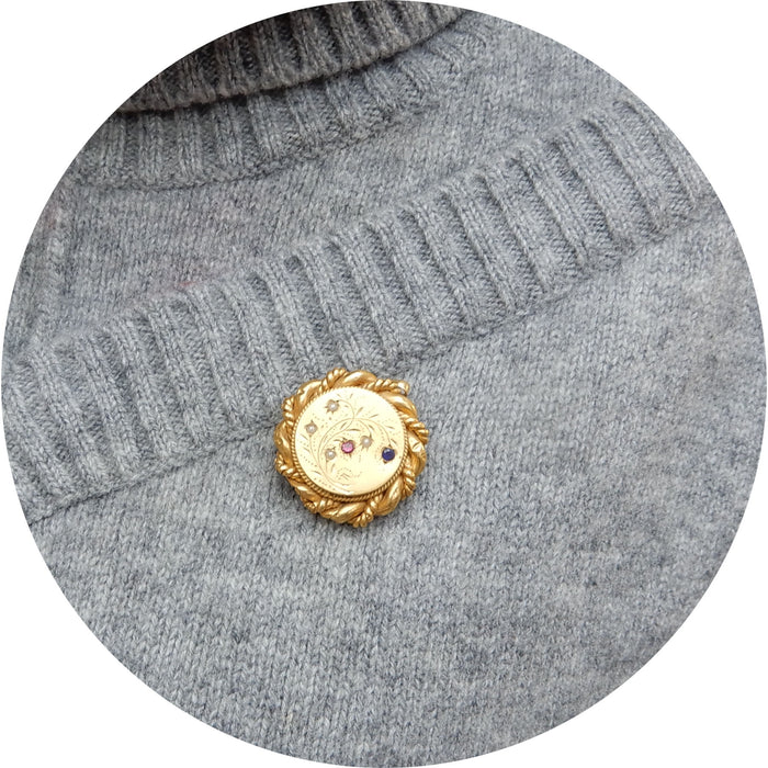Cirkelbroche, Saffier, Robijn, Parel, 18K