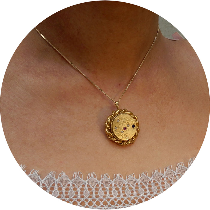 Cirkelbroche, Saffier, Robijn, Parel, 18K