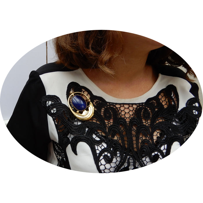 Broche, Lapis Lazuli, Diamant, 14K, Antiek