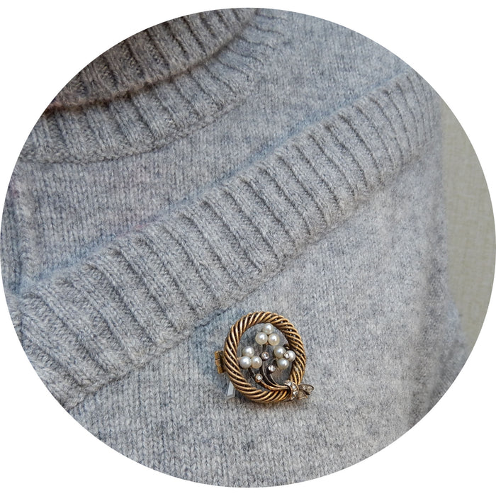 Cirkelbroche, Parel, Roosdiamant, 14K Goud