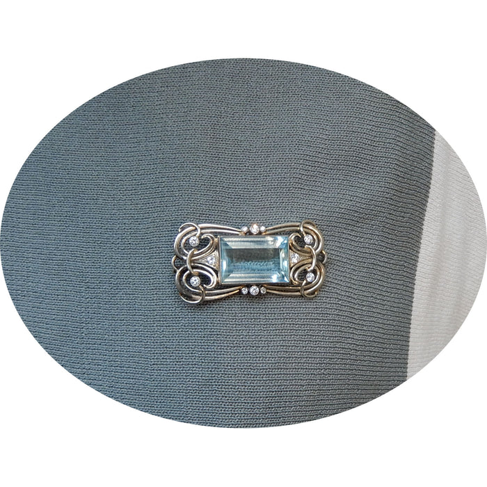 Broche, Aquamarijn, Diamant, 14K, Vintage