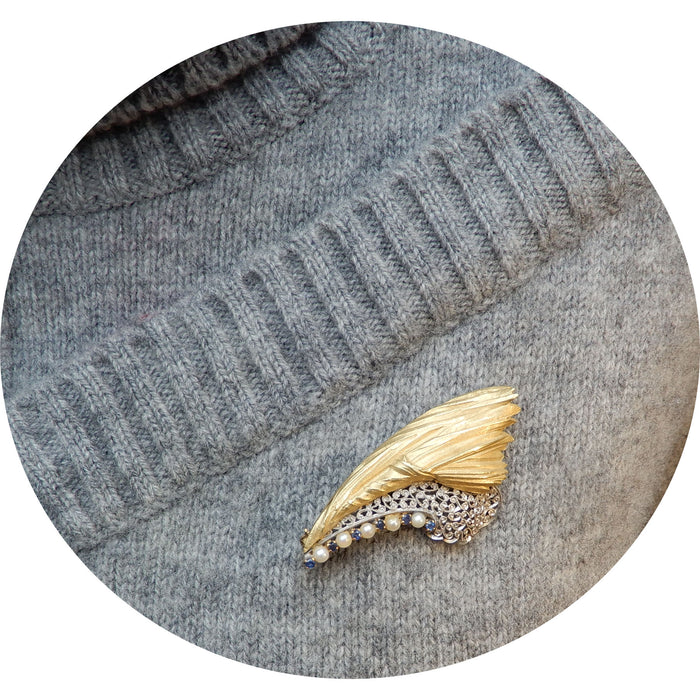 Broche, Saffier, Parel, 18K Bicolor
