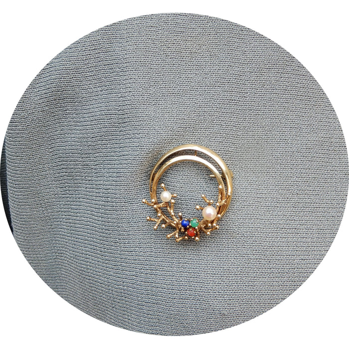 Broche, cirkel, parel, edelstenen, 14K