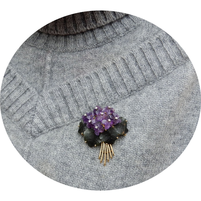 Broche, Bloemen, Amethist, Jade, 18K