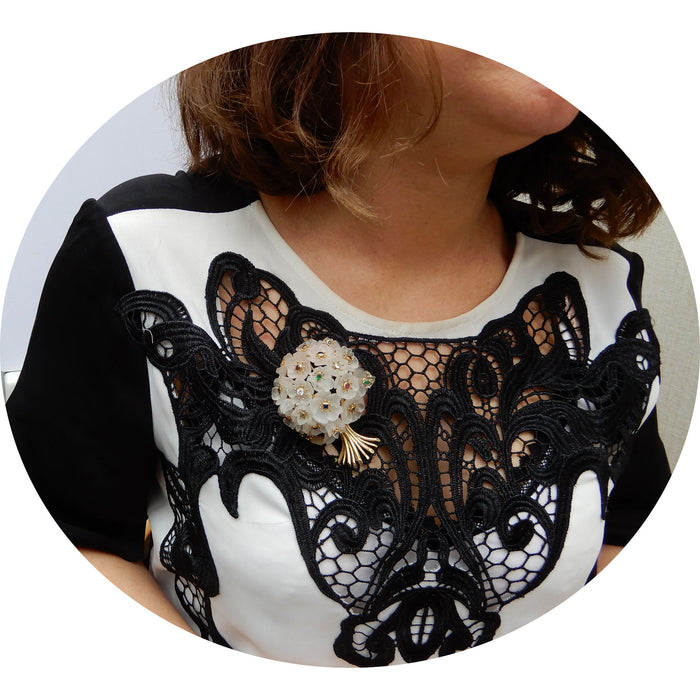 Broche, Bergkristal, Diamant, Bloem, 18K