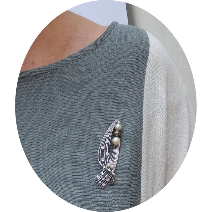 Broche, Diamant, Parel, Spijlen, 14K