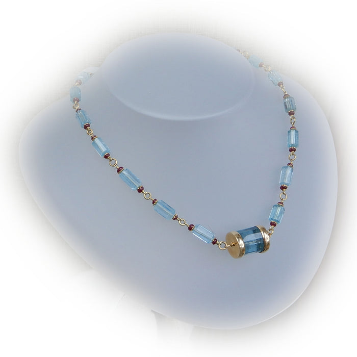 Collier, Aquamarijn, Robijn, 18K Goud