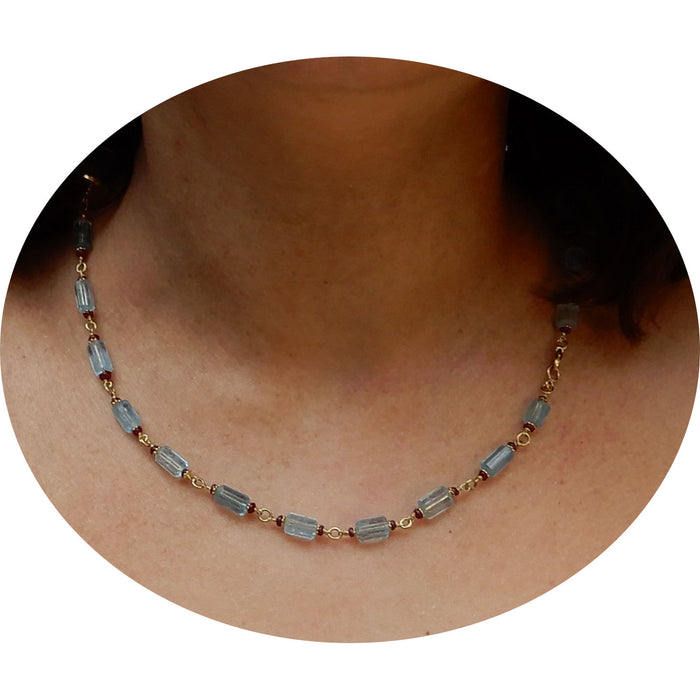 Collier, Aquamarijn, Robijn, 18K Goud