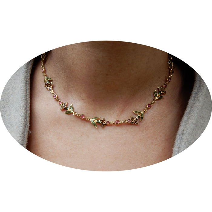 Collier, Toermalijn, Emaille, Art Nouveau, 14K
