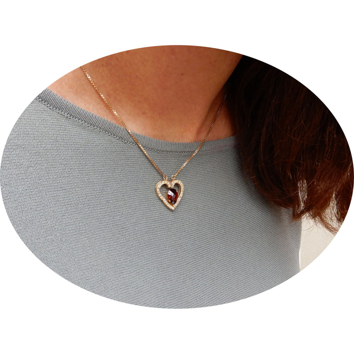 Hanger, Granaat, Diamant, Hart, 14K
