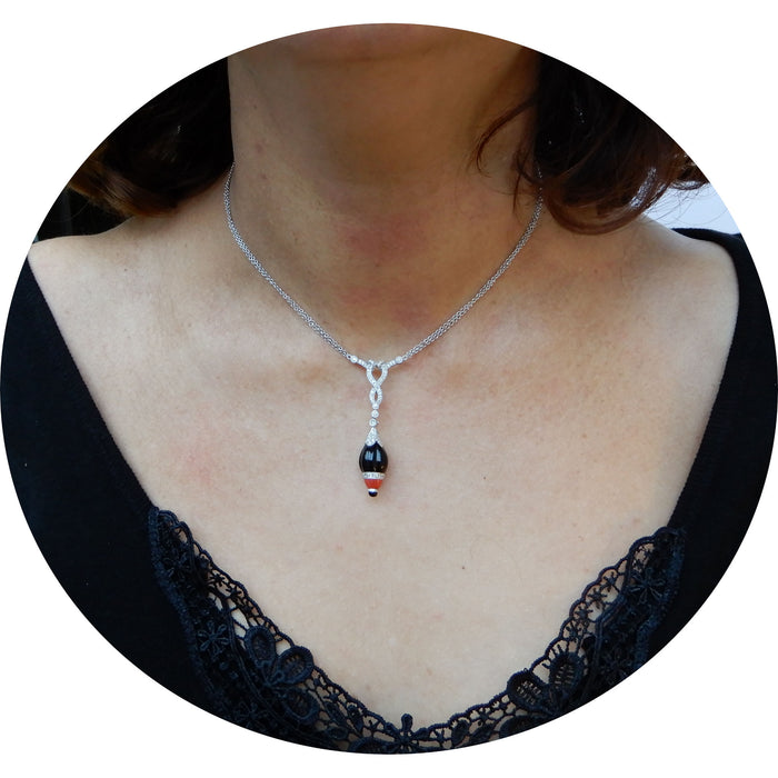 Collier, Onyx, Koraal, Diamant, 18K