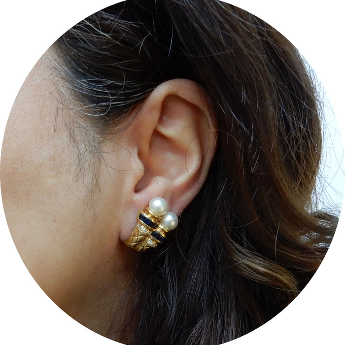 Oorclips, Parel, Saffier, Diamant, 18K