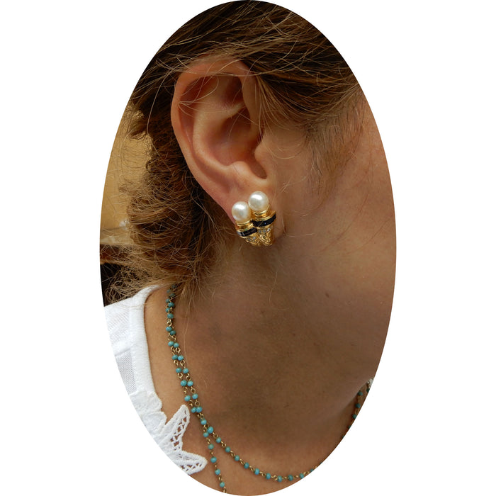 Oorclips, Parel, Saffier, Diamant, 18K