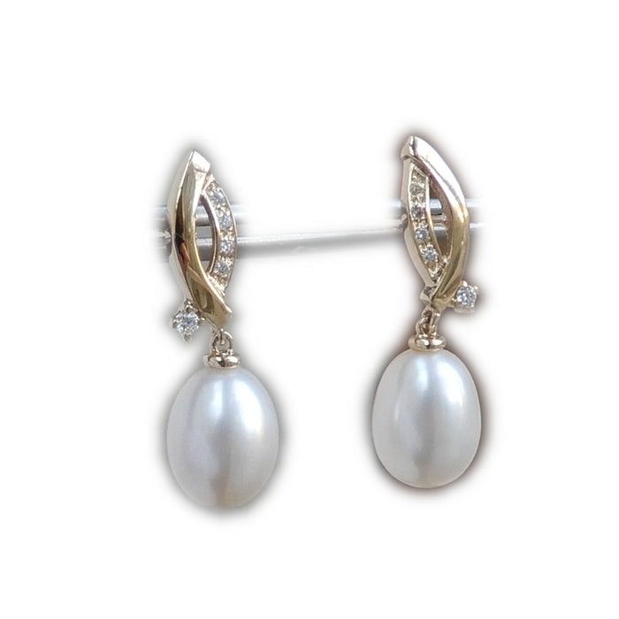 Oorbellen, Parel, Diamant, 14Krt. Goud
