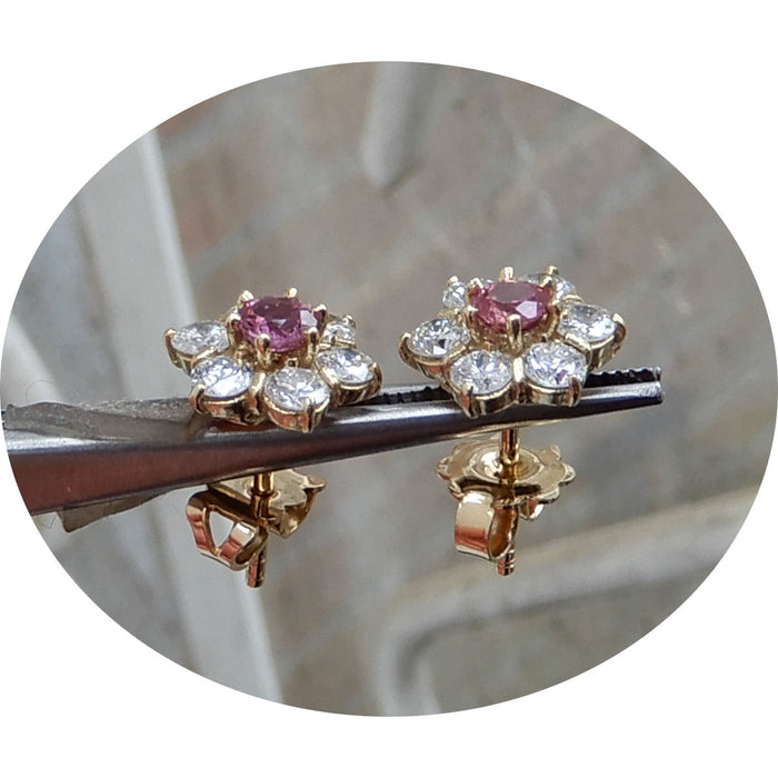 Oorknoppen, Rozet, Robijn, Diamant, 14K