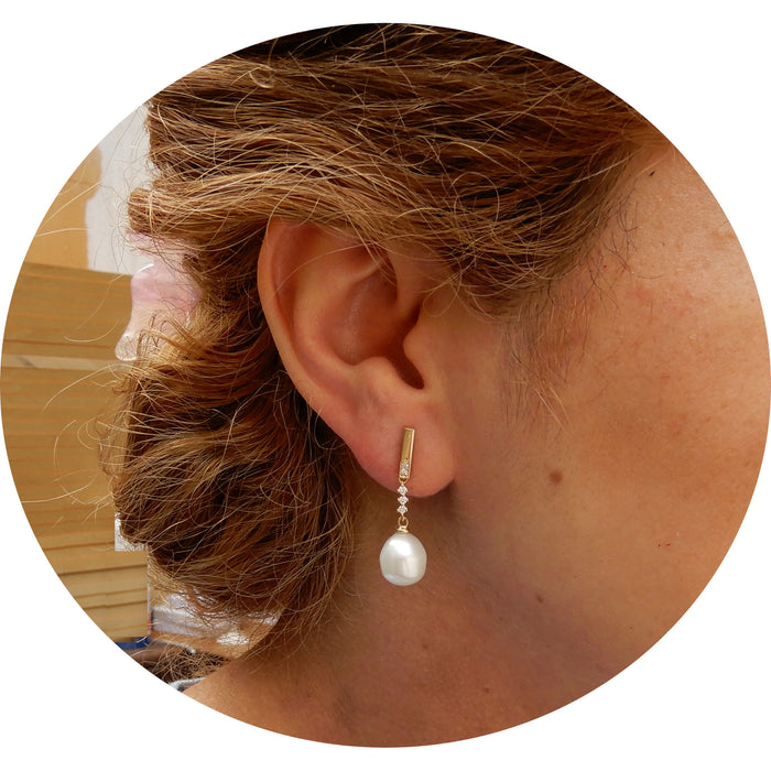 Oorhangers, Parel, Diamant, 14K Goud