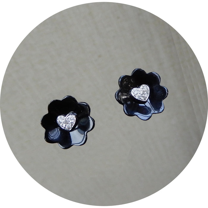 Oorknoppen, Onyx, Diamant, Hart, 18K