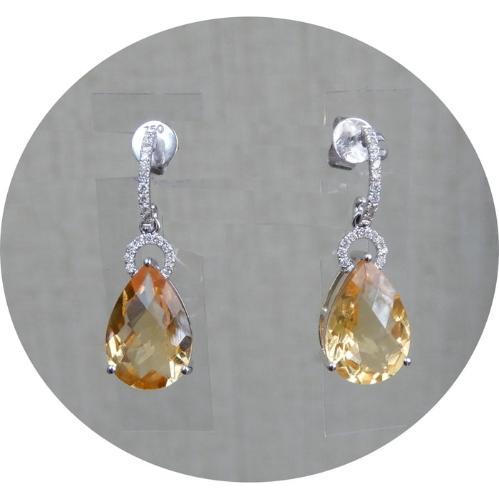 Oorhangers, Citrien, Diamant, 18K Witgoud
