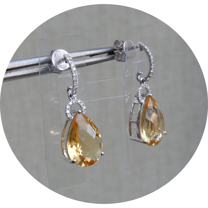 Oorhangers, Citrien, Diamant, 18K Witgoud