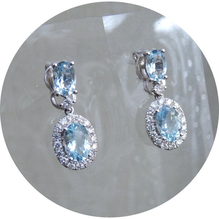 Oorhangers, Aquamarijn, Diamant, 18Krt Witgoud