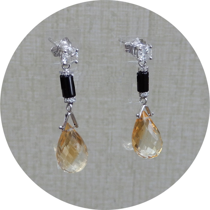 Oorhangers, Citrien, Diamant, Onyx, 18K