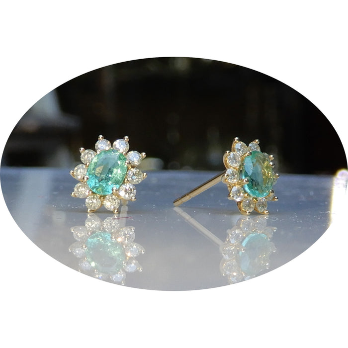 Oorstekers, Smaragd, Diamant, 18Krt. Goud