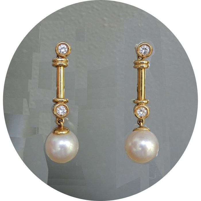 Oorhanger, Cilinder, Parel, Diamant, 18K