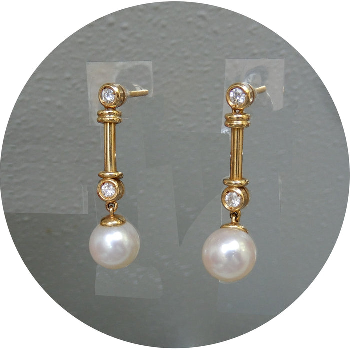 Oorhanger, Cilinder, Parel, Diamant, 18K