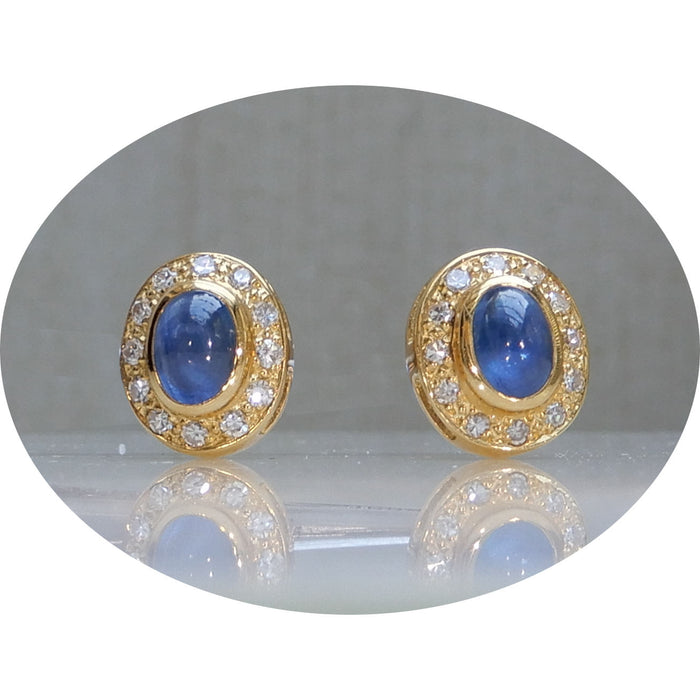 Oorknoppen, Saffier Cabochon, Diamant, 14K