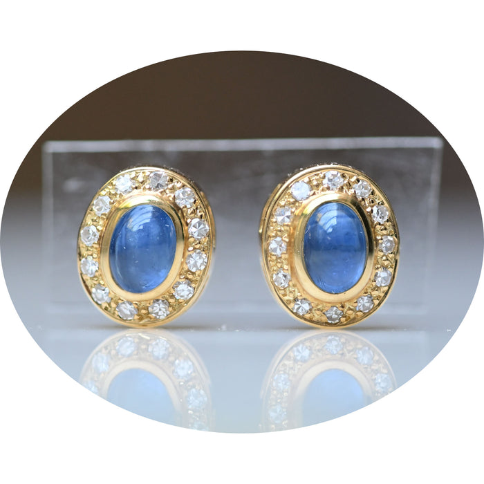 Oorknoppen, Saffier Cabochon, Diamant, 14K