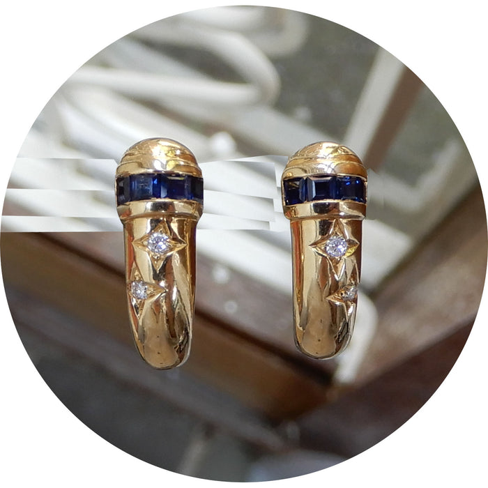 Oorstekers, Saffier, Diamant, 14Krt.