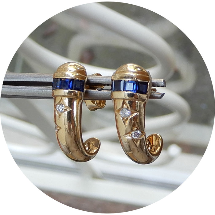 Oorstekers, Saffier, Diamant, 14Krt.