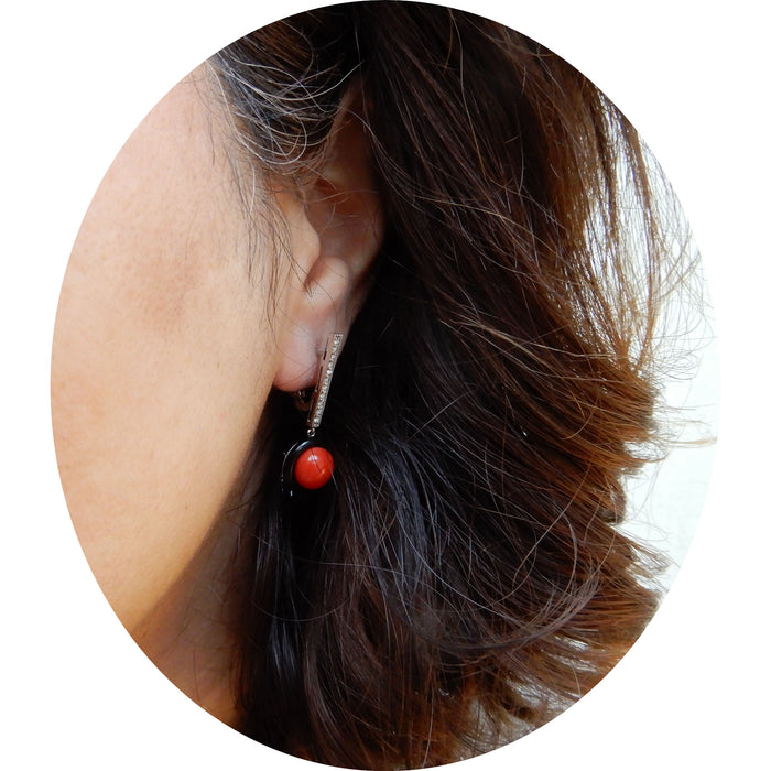 Oorhangers, Koraal, Onyx, Diamant, 18K