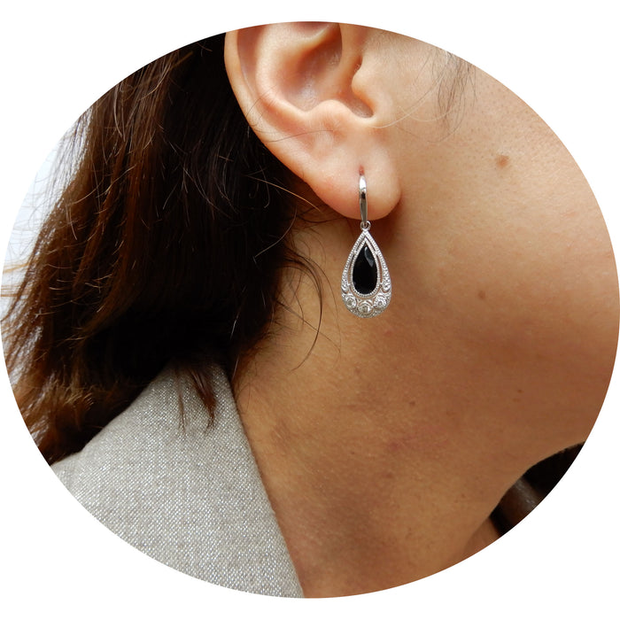 Oorhangers, Onyx, Diamant, 14K Witgoud