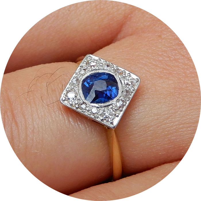 Ring, Saffier, Diamant, Art Deco, 18K