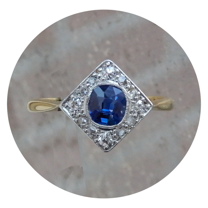 Ring, Saffier, Diamant, Art Deco, 18K