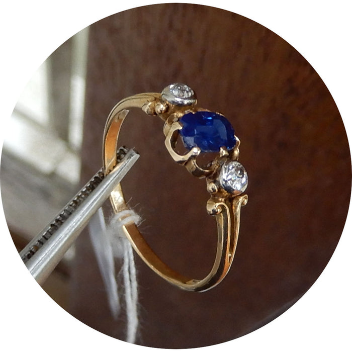 Ring, Saffier, Diamant, Vintage, 18K Goud