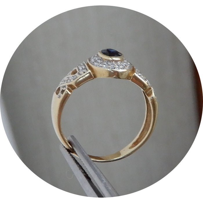 Ring, Saffier, Diamant, Gekruiste Linten, 14K