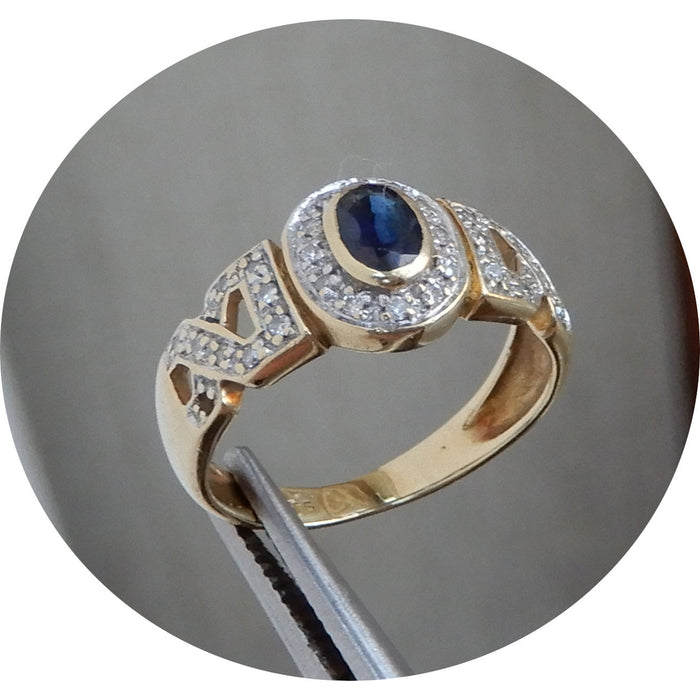 Ring, Saffier, Diamant, Gekruiste Linten, 14K