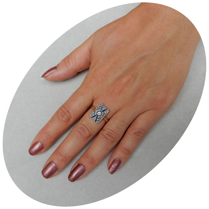 Ring, Diamant, Saffier, Art Deco, 18K