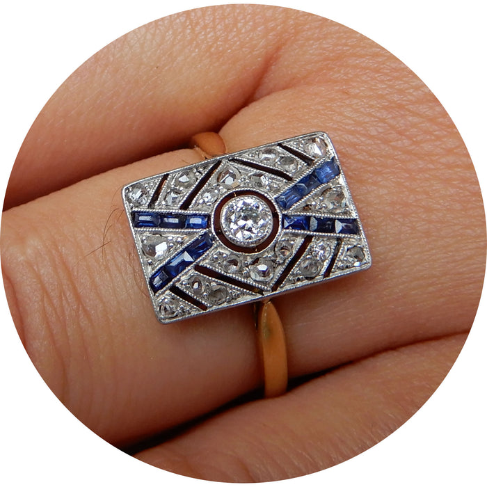 Ring, Diamant, Saffier, Art Deco, 18K