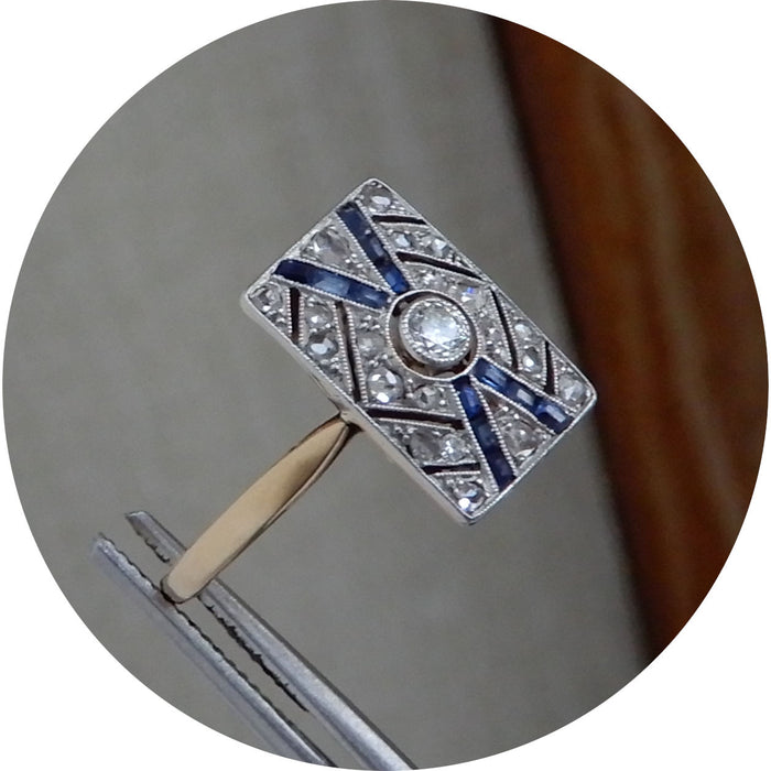 Ring, Diamant, Saffier, Art Deco, 18K