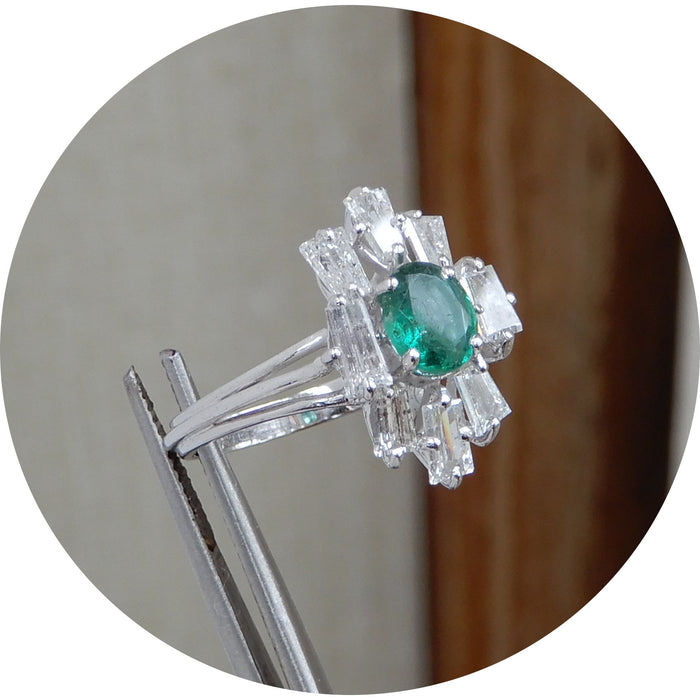 Ring, Smaragd, Diamant, Baguette, 18K Witgoud