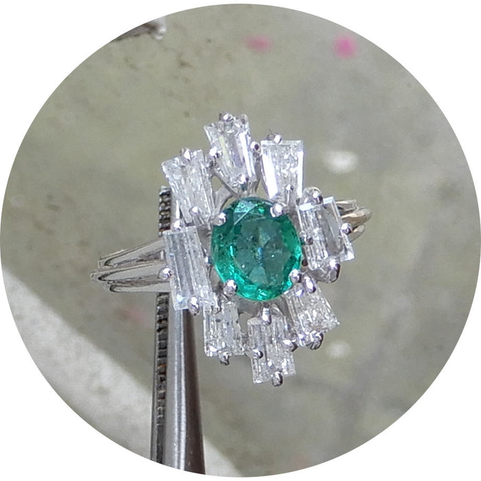 Ring, Smaragd, Diamant, Baguette, 18K Witgoud